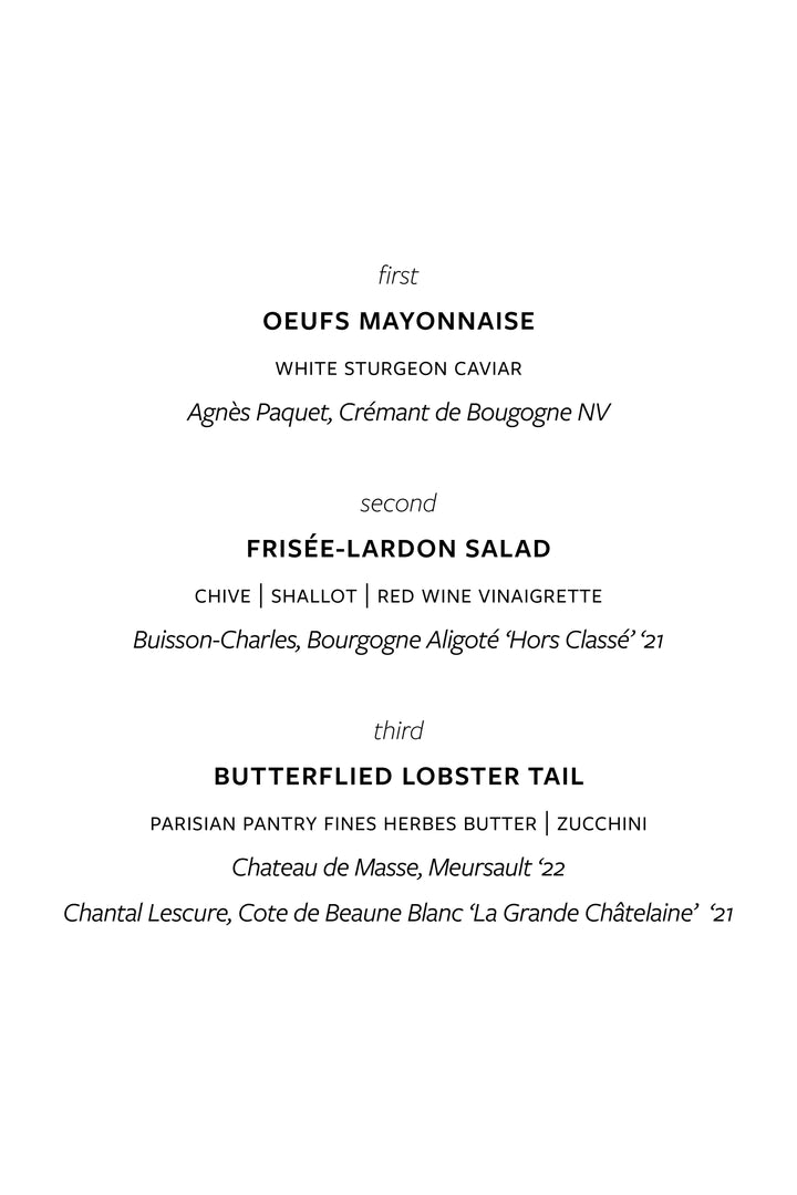 Cote de Beaune Blanc & Lobster Dinner | 3 Courses | 4 Wines | $120